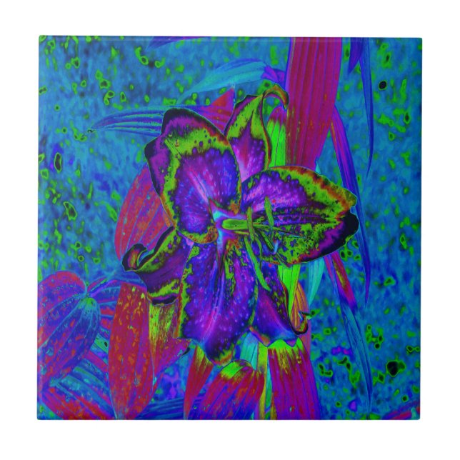 Psykedelisk Lila och Lime Green Lily Flower Kakelplatta (Framsidan)