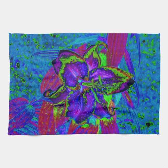 Psykedelisk Lila och Lime Green Lily Flower Kökshandduk (Horisontell)