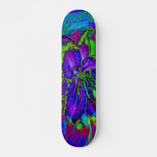Psykedelisk Lila och Lime Green Lily Flower Mini Skateboard Bräda 18,5 Cm (Framsida)