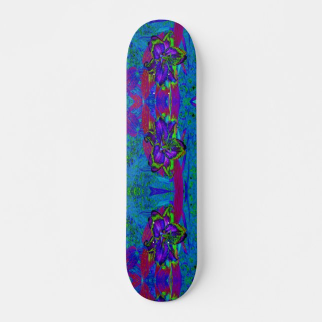 Psykedelisk Lila och Lime Green Lily Flower Mini Skateboard Bräda 18,5 Cm (Framsida)