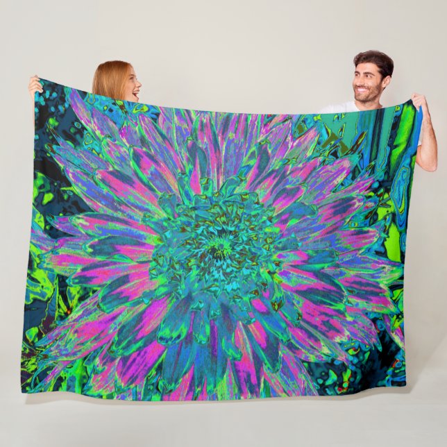 Psykedelisk Magenta Aqua och Lime Green Dahlia Fleecefilt (På plats)