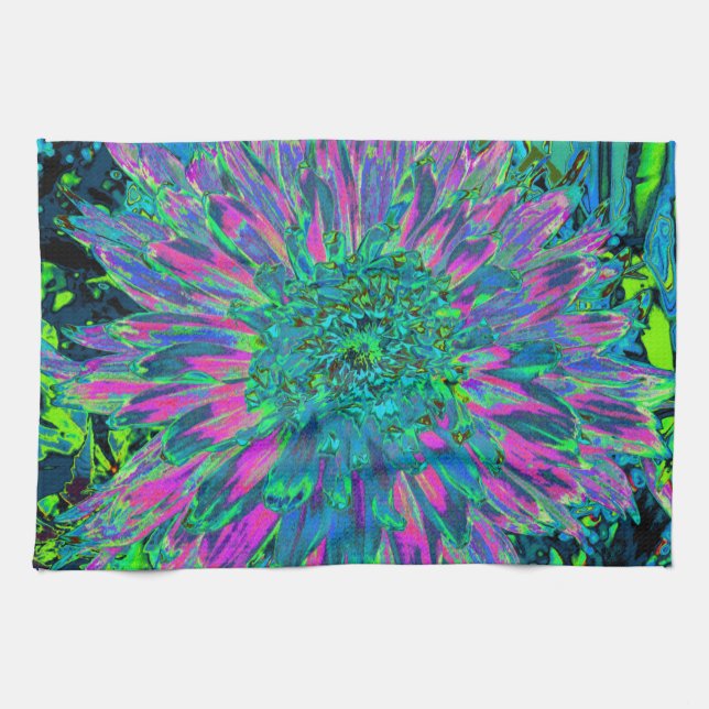 Psykedelisk Magenta Aqua och Lime Green Dahlia Kökshandduk (Horisontell)