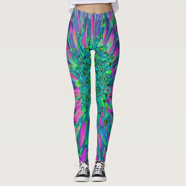 Psykedelisk Magenta, Aqua och Lime Green Dahlia Leggings (Framsida)