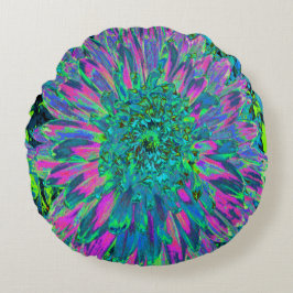 Psykedelisk Magenta, Aqua och Lime Green Dahlia Rund Kudde