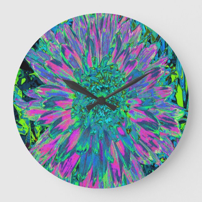 Psykedelisk Magenta, Aqua och Lime Green Dahlia Stor Klocka (Framsida)