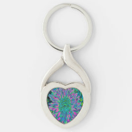 Psykedelisk Magenta, Aqua och Lime Green Dahlia Twisted Heart Silverfärgad Nyckelring
