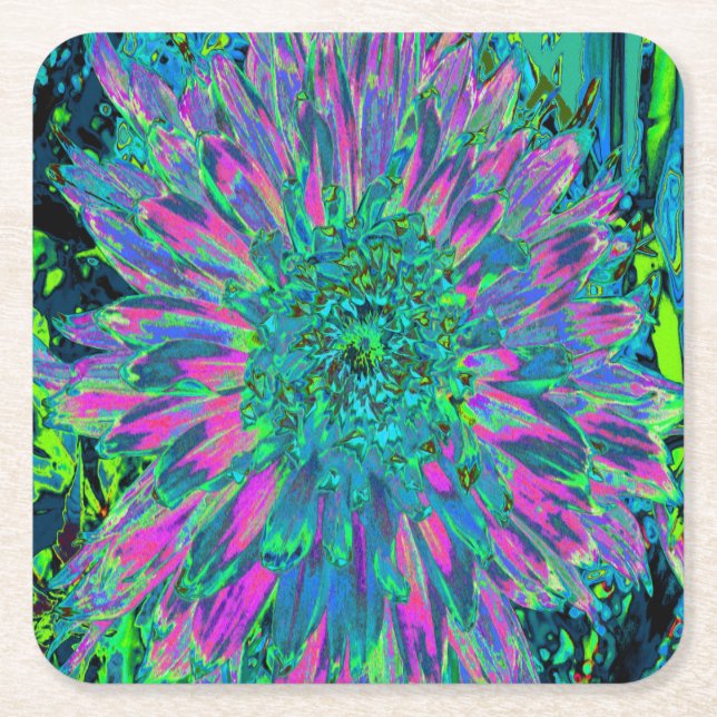 Psykedelisk Magenta, Aqua och Lime Green Dahlia Underlägg Papper Kvadrat (Framsidan)