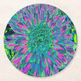 Psykedelisk Magenta, Aqua och Lime Green Dahlia Underlägg Papper Rund