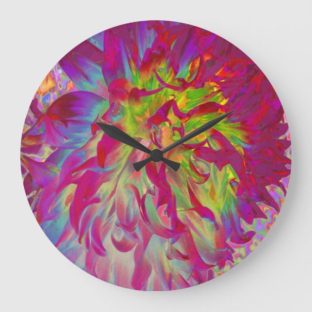 Psykedelisk Magenta och Gult Dahlia Flower Stor Klocka (Framsida)