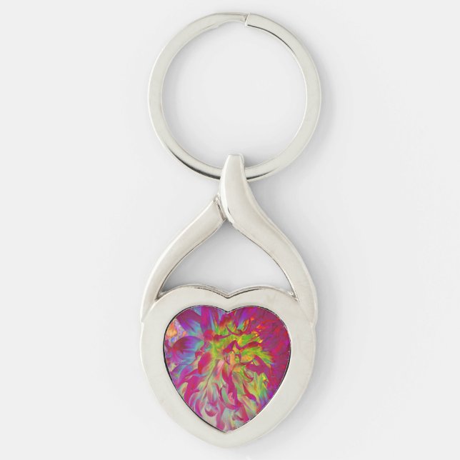 Psykedelisk Magenta och Gult Dahlia Flower Twisted Heart Silverfärgad Nyckelring (Framsidan)