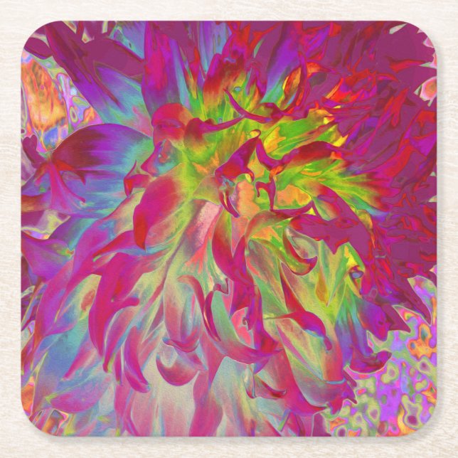 Psykedelisk Magenta och Gult Dahlia Flower Underlägg Papper Kvadrat (Framsidan)