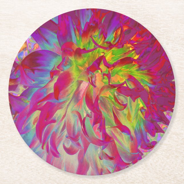 Psykedelisk Magenta och Gult Dahlia Flower Underlägg Papper Rund (Framsidan)