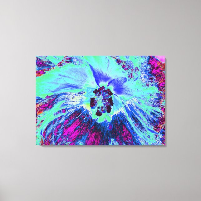 Psykedelisk Retro-Grönt och Blue Hibiscus Flower Canvastryck (Framsida)