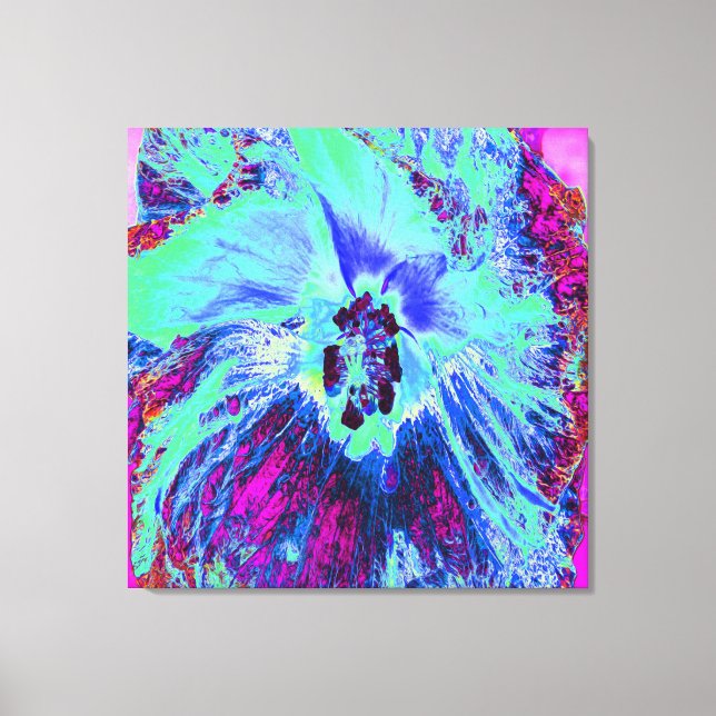 Psykedelisk Retro-Grönt och Blue Hibiscus Flower Canvastryck (Framsida)