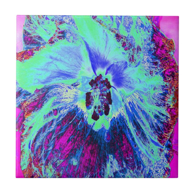Psykedelisk Retro-Grönt och Blue Hibiscus Flower Kakelplatta (Framsidan)