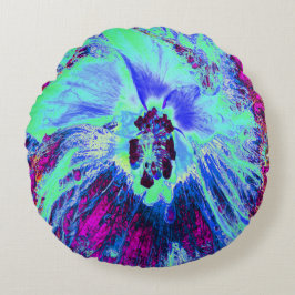 Psykedelisk Retro-Grönt och Blue Hibiscus Flower Rund Kudde