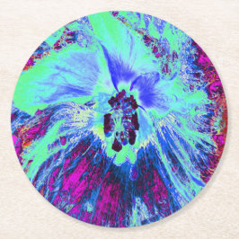 Psykedelisk Retro-Grönt och Blue Hibiscus Flower Underlägg Papper Rund