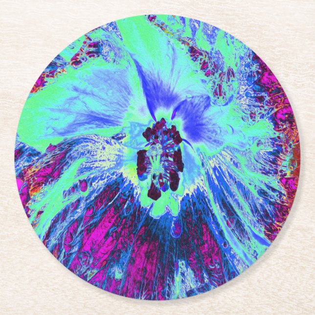 Psykedelisk Retro-Grönt och Blue Hibiscus Flower Underlägg Papper Rund (Framsidan)