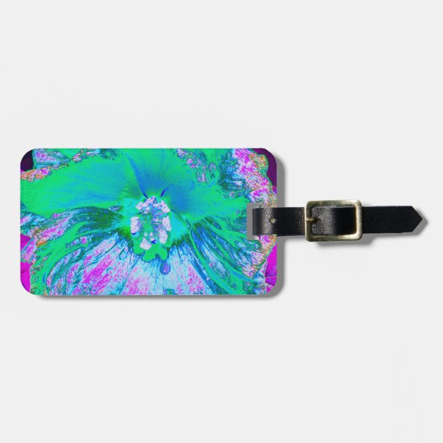 Psykedelisk Retro-Grönt och Shock rosa Hibiscus Bagagebricka (Horisontell Framsida)