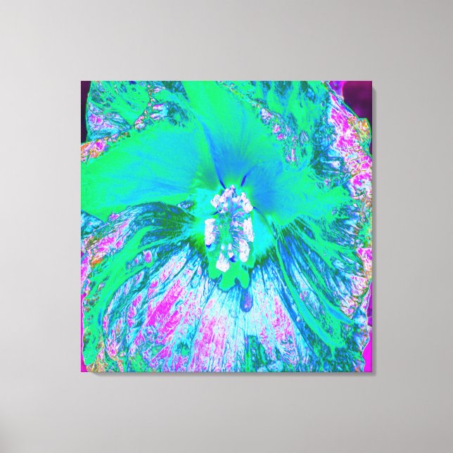 Psykedelisk Retro-Grönt och Shock rosa Hibiscus Canvastryck (Framsida)