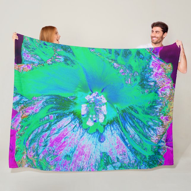 Psykedelisk Retro-Grönt och Shock rosa Hibiscus Fleecefilt (På plats)