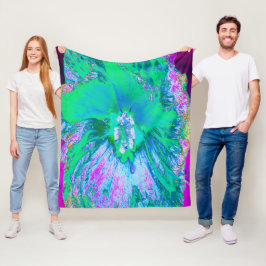 Psykedelisk Retro-Grönt och Shock rosa Hibiscus Fleecefilt