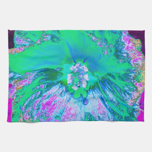 Psykedelisk Retro-Grönt och Shock rosa Hibiscus Kökshandduk (Horisontell)