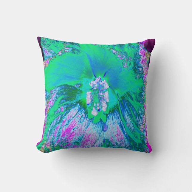 Psykedelisk Retro-Grönt och Shock rosa Hibiscus Kudde (Framsida)