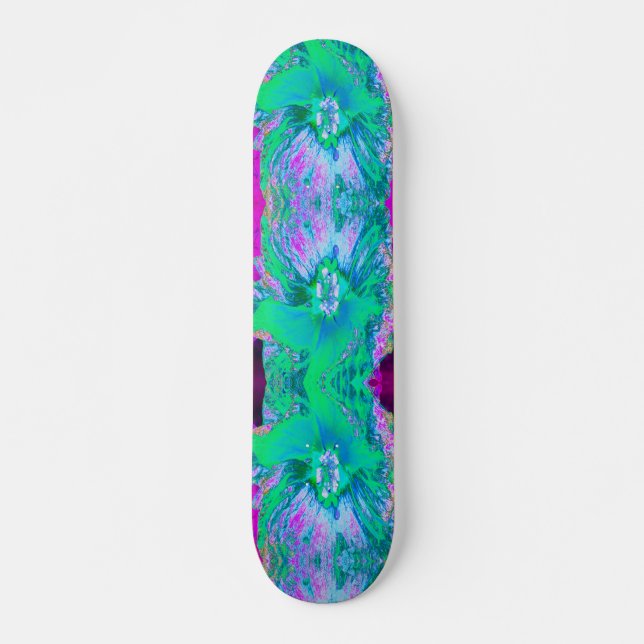 Psykedelisk Retro-Grönt och Shock rosa Hibiscus Mini Skateboard Bräda 18,5 Cm (Framsida)