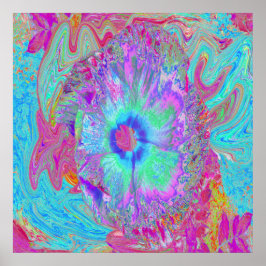 Psykedelisk retro Rainbow Blue Hibiscus Poster