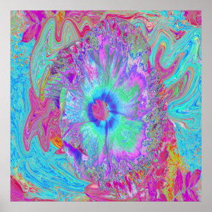Psykedelisk retro Rainbow Blue Hibiscus Poster