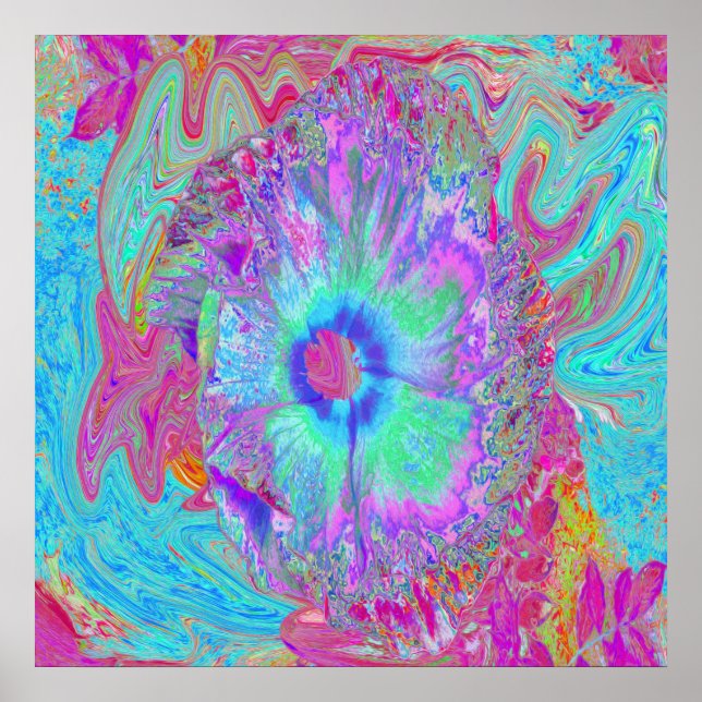 Psykedelisk retro Rainbow Blue Hibiscus Poster (Framsidan)