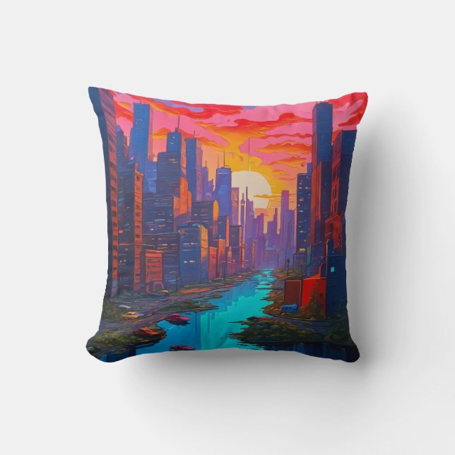 Psykedelisk Rosa Cityscape med floden Kudde (Framsida)