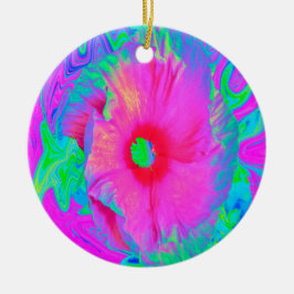 Psykedelisk Rosa och Red Hibiscus Flower Julgransprydnad Keramik