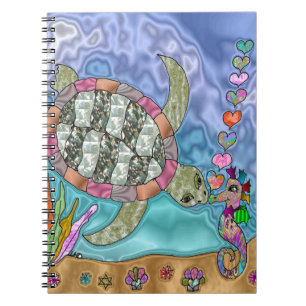 Psykedelisk Sea Turtle Seahorse Art Anteckningsbok Med Spiral