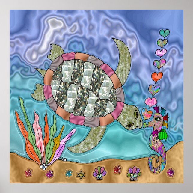 Psykedelisk Sea Turtle Seahorse Art Ceramic Tile Poster (Framsidan)