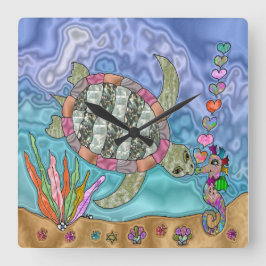 Psykedelisk Sea Turtle Seahorse Art Fyrkantig Klocka