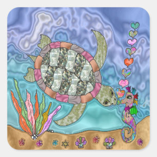 Psykedelisk Sea Turtle Seahorse Art Fyrkantigt Klistermärke