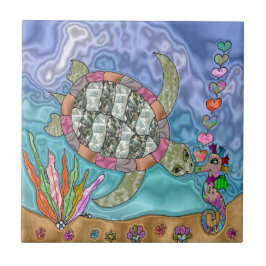 Psykedelisk Sea Turtle Seahorse Art Kakelplatta
