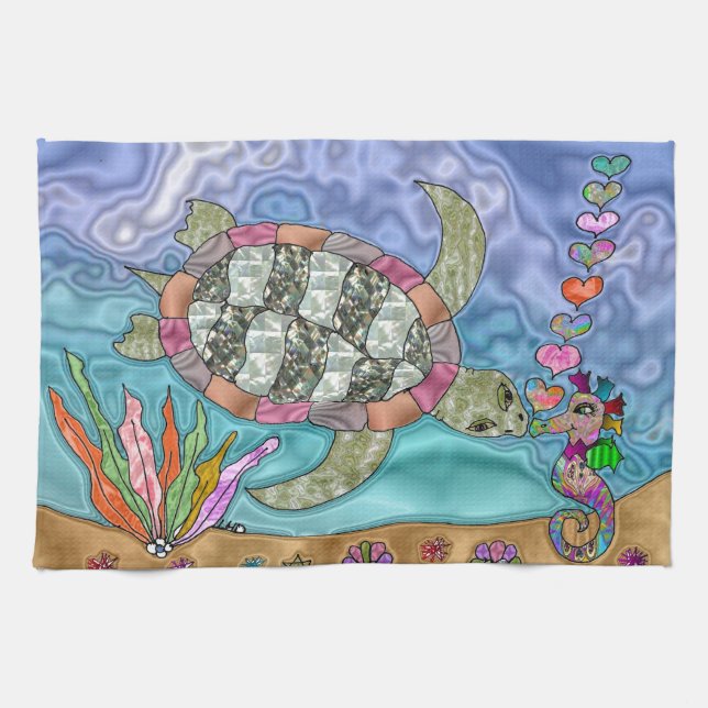 Psykedelisk Sea Turtle Seahorse Art Kökshandduk (Horisontell)