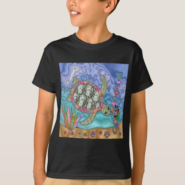 Psykedelisk Sea Turtle Seahorse Art Tee (Framsida)