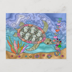 Psykedelisk Sea Turtle Seahorse Art Vykort