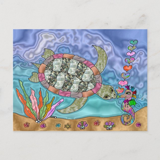 Psykedelisk Sea Turtle Seahorse Art Vykort (Framsida)