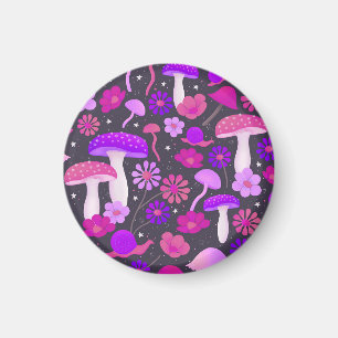 Psykedelisk svamp & Blommigt Rosa, Lila, svart Magnet