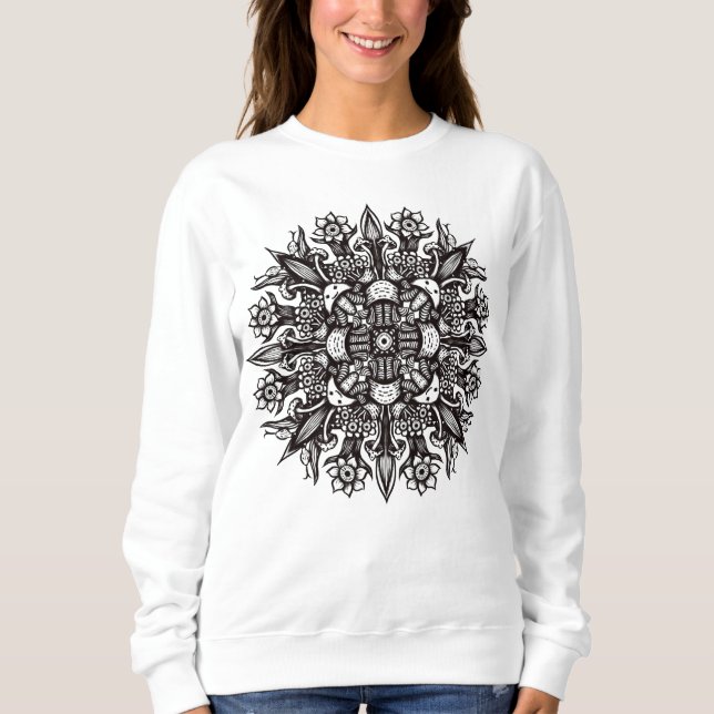 Psykedelisk Svamp Mandala Svart Och Vitt T Shirt (Framsida)