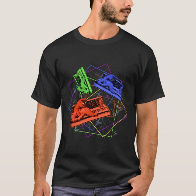 Psykedelisk Synthesizer Katt T Shirt (Framsida)