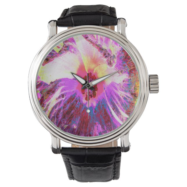 Psykedelisk Trippy Rainbow Färg Hibiscus Flower Armbandsur (Framsida)
