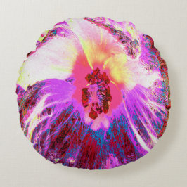 Psykedelisk Trippy Rainbow Färg Hibiscus Flower Rund Kudde