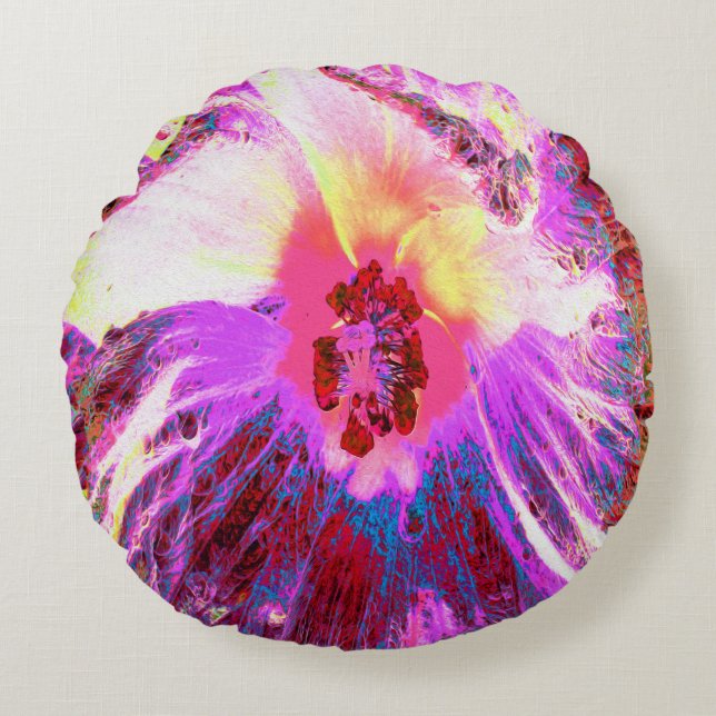 Psykedelisk Trippy Rainbow Färg Hibiscus Flower Rund Kudde (Framsidan)