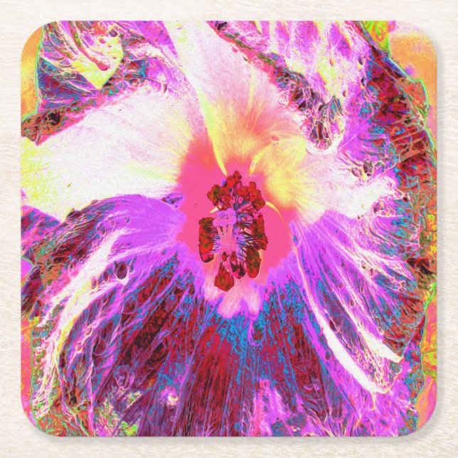 Psykedelisk Trippy Rainbow Färg Hibiscus Flower Underlägg Papper Kvadrat (Framsidan)